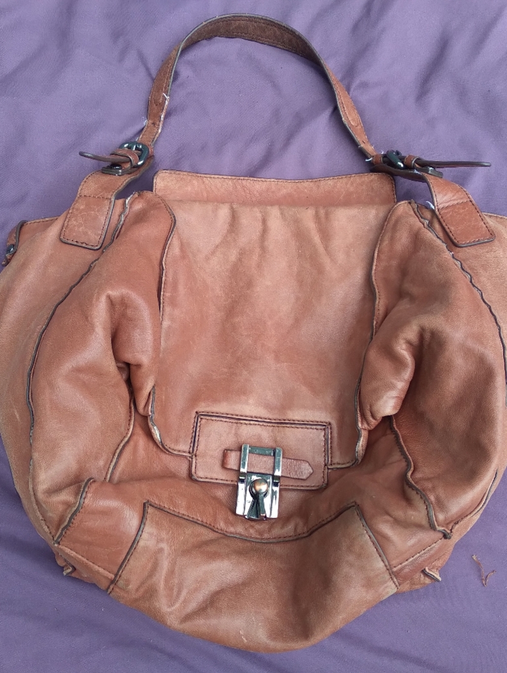 Kooba Tan Leather Shoulder Hobo with Silver-Tone Turn Lock